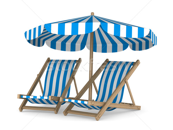 Two deckchair and parasol on white background. Isolated 3D image Stock photo © ISerg