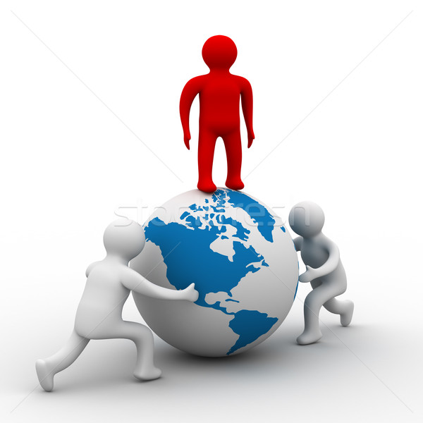 Stock photo: mans rolls the globe on a white background. Isolated 3D image.