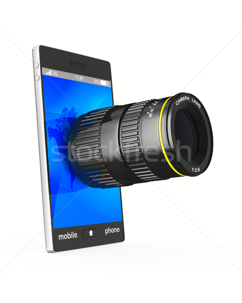 Stock photo: phone with lens on white background. Isolated 3D image