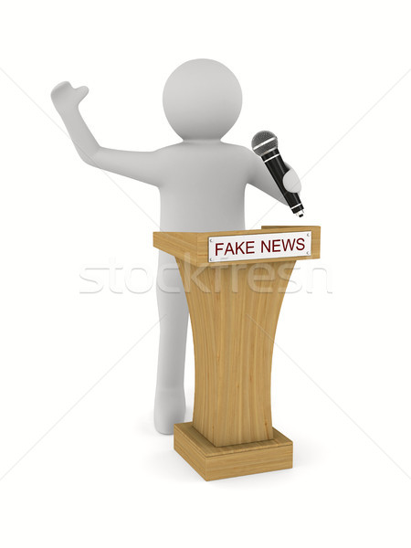 Stock photo: Fake news. man speaks with microphone on white background. Isola