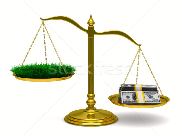 Stock photo: Grass and money on scales. Isolated 3D image
