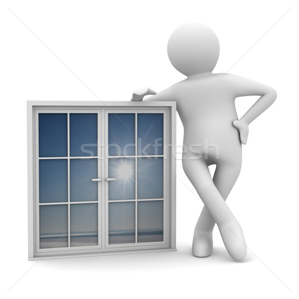 Man looking through the open window. 3d, Stock image