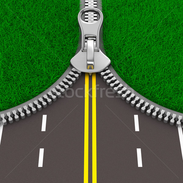 Zipper with grass and road. Isolated 3D image Stock photo © ISerg