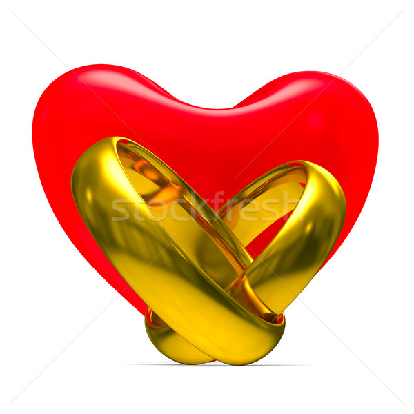 Heart and wedding rings on white background. Isolated 3D image Stock photo © ISerg