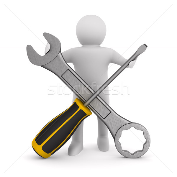 Człowiek klucz śrubokręt biały odizolowany 3d ilustracji Zdjęcia stock © ISerg