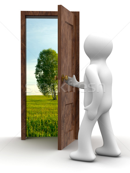 Stock photo: Landscape behind the open door. 3D image