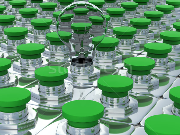 綠色 按鈕 一 燈泡 3D 圖像 商業照片 © ISerg