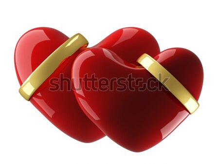 Two heart with wedding rings on a white background. 3D image. Stock photo © ISerg