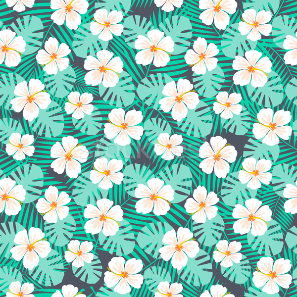 Hibiscus Flowers and Palm Leaves Seamless Pattern Stock photo © ivaleksa
