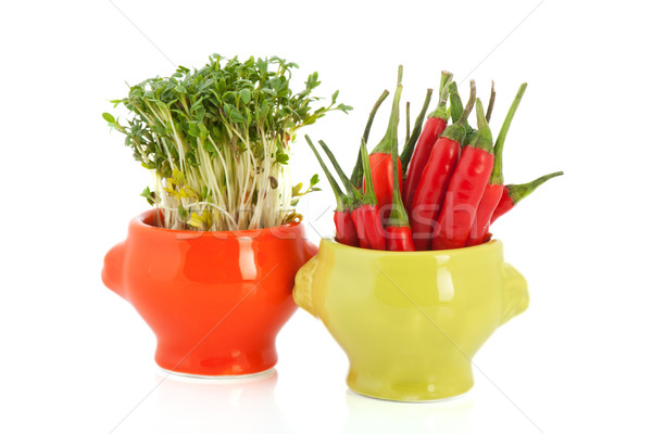 Colorful bowls with cress and red pepper Stock photo © ivonnewierink