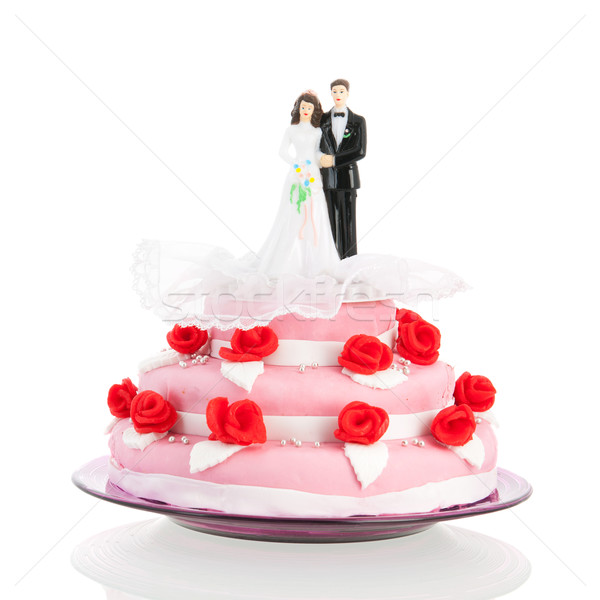 Stock fotó: Esküvői · torta · pár · rózsaszín · vörös · rózsák · felső · étel