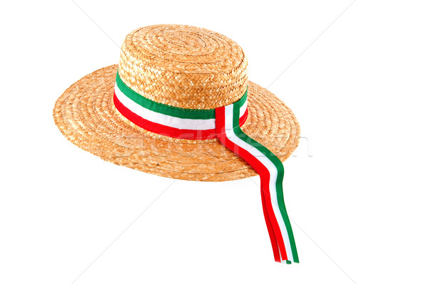 Сток-фото: итальянский · соломенной · шляпе · флаг · лента · изолированный · белый
