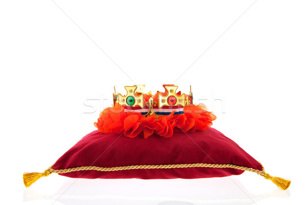 Stock photo: Golden crown on velvet pillow with Dutch flag