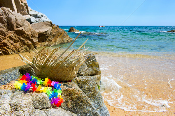 тропический пляж соломы цветок гирлянда солнце Сток-фото © ivonnewierink