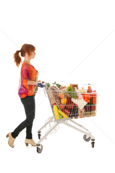 Stockfoto: Vrouw · winkelwagen · vol · zuivelfabriek · kruidenier · producten