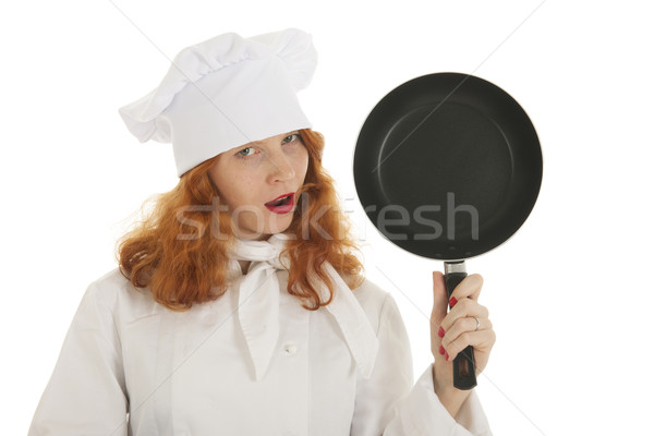 Femeie găti bucătar-şef tigaie izolat Imagine de stoc © ivonnewierink