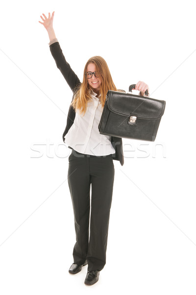 Foto stock: Feliz · mujer · de · negocios · negro · cuero · bolsa