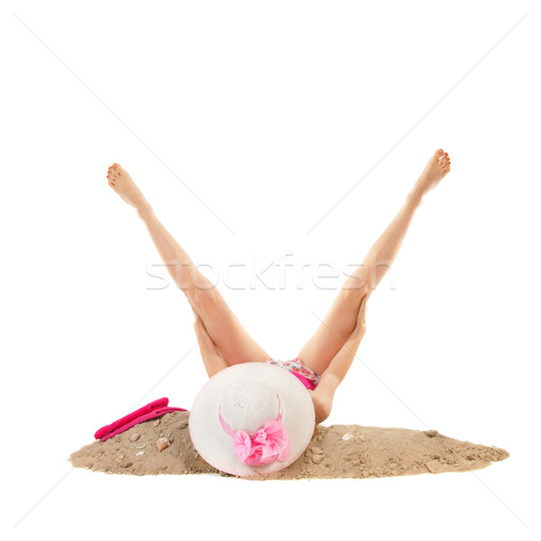 日光浴 海灘 女子 鋪設 粉紅色 帽子 商業照片 © ivonnewierink