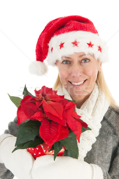 Noel zaman orta yaşlı kadın portre şapka noel baba Stok fotoğraf © ivonnewierink