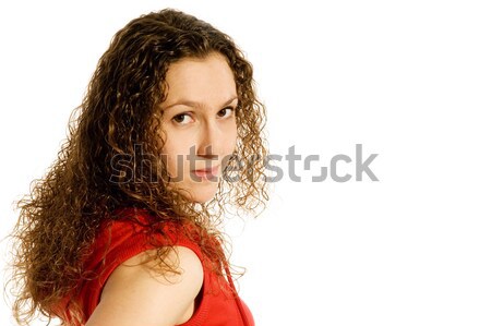 Stockfoto: Verlegen · meisje · Rood · portret · ogen · jonge