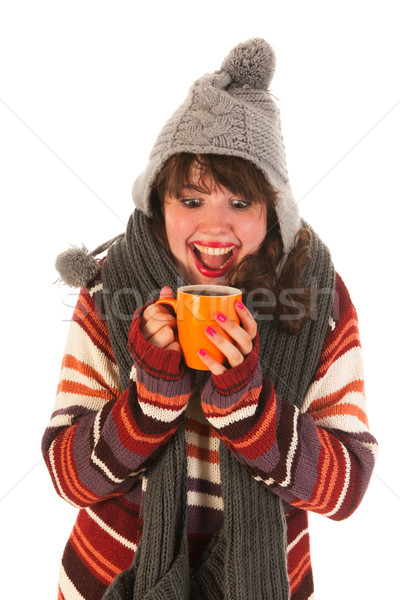 Stockfoto: Koud · winter · meisje · gelukkig · warme · chocolademelk · winterseizoen