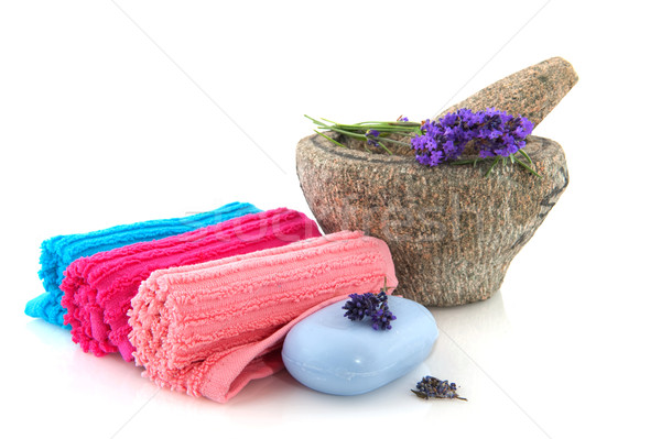 Rolled towels with lavender soap Stock photo © ivonnewierink