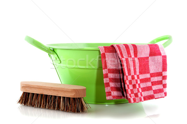 Green metal bucket with cleaning brush Stock photo © ivonnewierink