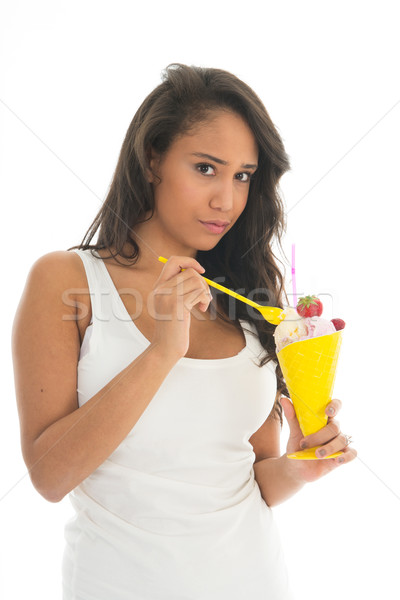 Zwarte vrouw eten vruchten sorbet glas Stockfoto © ivonnewierink
