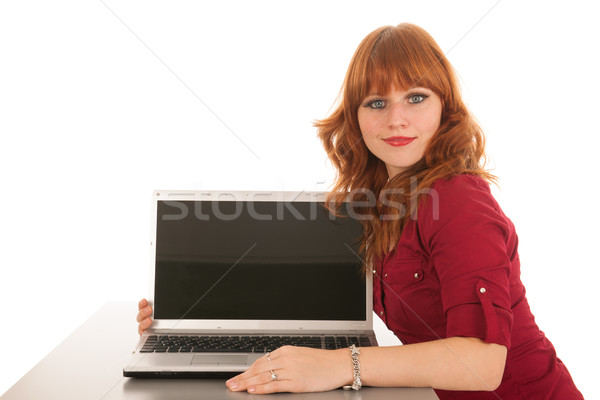 Kobieta ekranu laptop posiedzenia biurko Zdjęcia stock © ivonnewierink