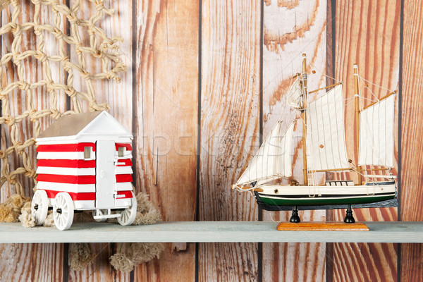 Stockfoto: Zeilboot · visnet · miniatuur · winkelwagen · houten · strand