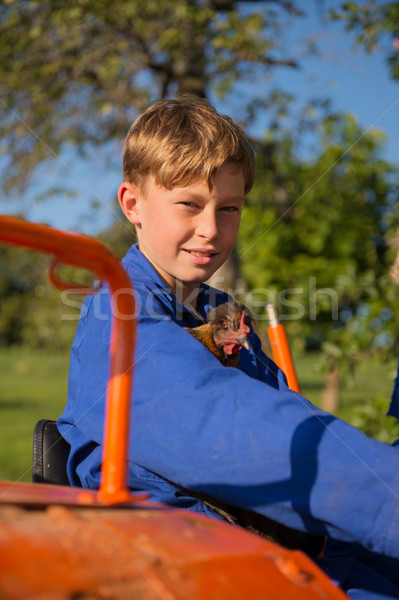 Stock foto: Bauernhof · Junge · Zugmaschine · Huhn · Reiten · orange