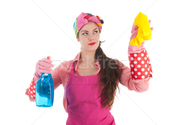 Portret jonge vrouwelijke schonere schoonmaken glas Stockfoto © ivonnewierink