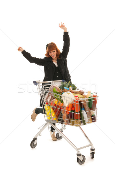 Stockfoto: Vrouw · gelukkig · winkelwagen · vol · zuivelfabriek · kruidenier