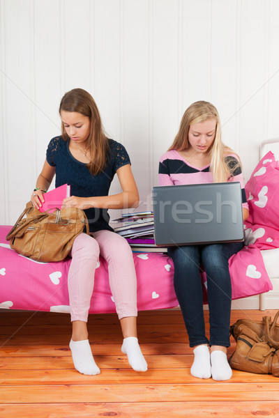 Twee teen meisjes huiswerk samen Stockfoto © ivonnewierink