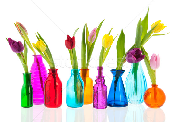Stock fotó: Színes · tulipánok · üveg · egy · különböző · virágok