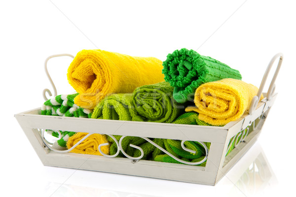 Stock foto: Fach · gerollt · Handtücher · weiß · grünen
