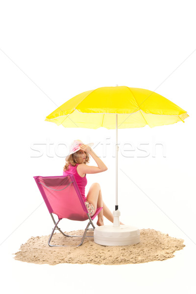 Nyugalmas tengerpart nő szék rózsaszín citromsárga Stock fotó © ivonnewierink