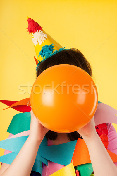 Fúj léggömb nő születésnap lány narancs Stock fotó © ivonnewierink