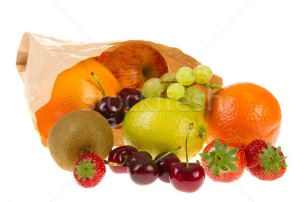Papírzacskó különböző gyümölcs friss gyümölcs izolált fehér Stock fotó © ivonnewierink