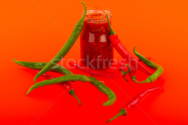 Piros forró chilipaprika friss üveg edény Stock fotó © ivonnewierink