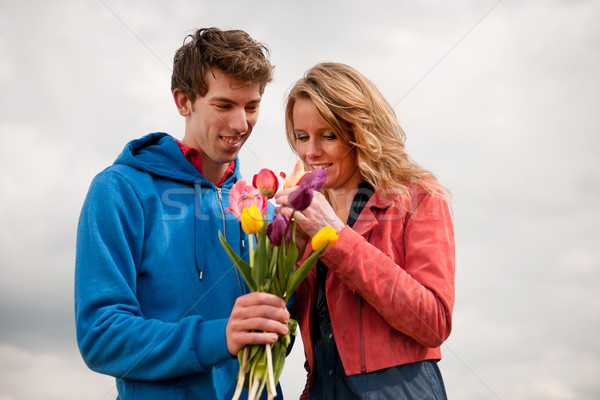Dutch tourists are plucking colorful tulips Stock photo © ivonnewierink