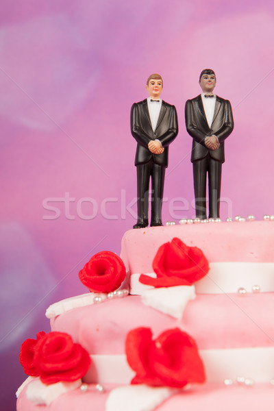 Stock fotó: Esküvői · torta · homoszexuális · pár · rózsaszín · vörös · rózsák · felső