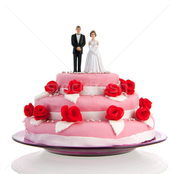 Stock fotó: Esküvői · torta · pár · rózsaszín · vörös · rózsák · felső · étel