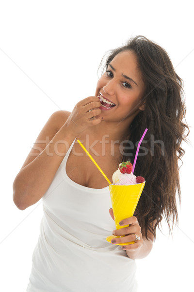 Zwarte vrouw eten vruchten sorbet glas Stockfoto © ivonnewierink