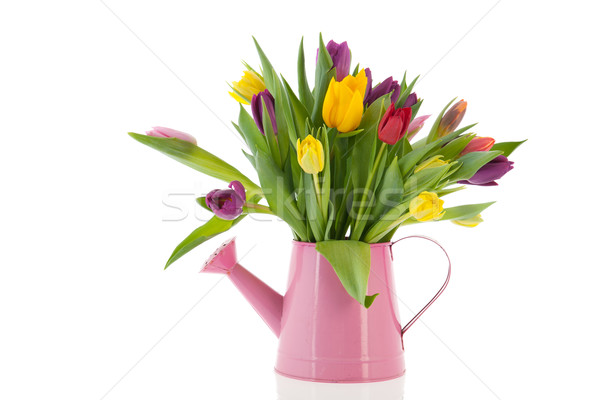Locsolókanna virágcsokor tulipánok színes tavasz virágok Stock fotó © ivonnewierink