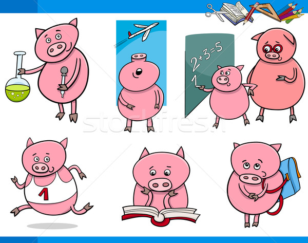 piglet character student cartoon set Stock photo © izakowski