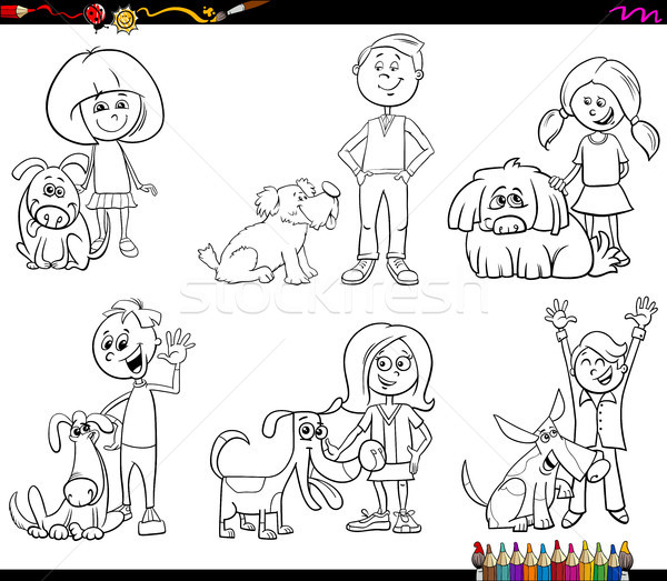 ストックフォト: 子供 · 犬 · 塗り絵の本 · 黒白 · 漫画