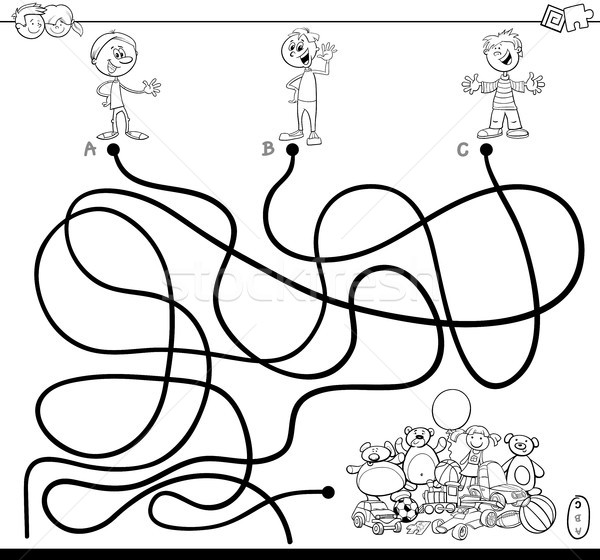 Labirint copii jucării carte de colorat negru alb desen animat Imagine de stoc © izakowski