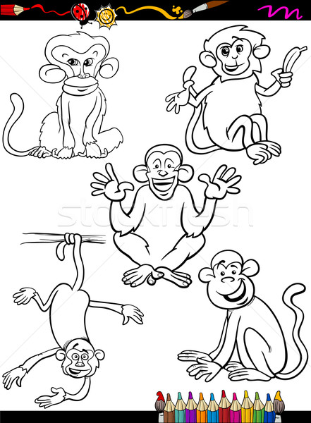 Cartoon singes livre de coloriage page illustration blanc noir [[stock_photo]] © izakowski