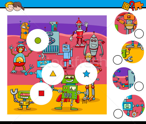 [[stock_photo]]: Match · pièces · puzzle · robots · cartoon · illustration